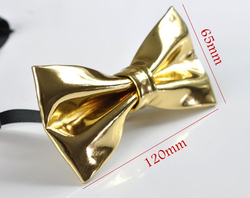 Mens PVC Faux Leather SOLID Gold Golden Shining Bow Tie Bowties Wedding Party - Picture 3 of 4