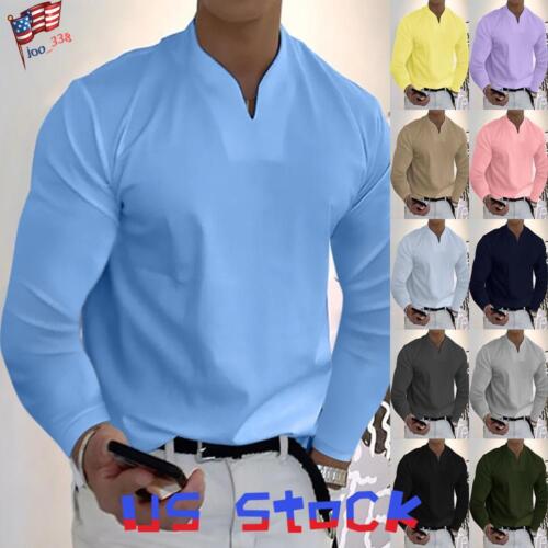 Mens Long Sleeve V Neck Casual Plain T-shirt Work Blouse Tops Tunic Plus Size