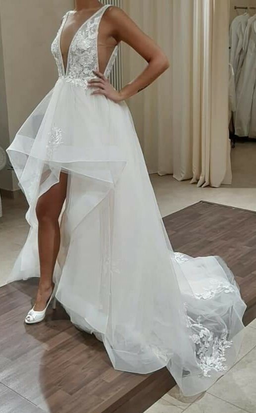 Abito da sposa NUOVO, taglia 46, corto avanti, rosa cipria, collezione 2020