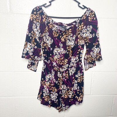 Floral Express Rompers Express Romper Womens Medium Black Purple Floral Bell Sleeve Summer ...