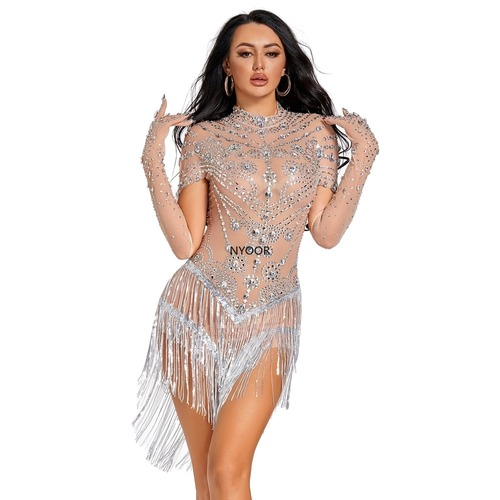 Sparkly Rhinestone Sexy Perspective Crystal Leotard Nightclub Outfit Costume - Picture 2 of 14