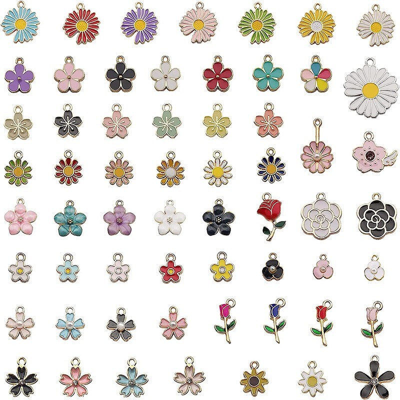 30PCS Assorted Gold Plated Enamel Flower Charms Pendant DIY for Jewelry