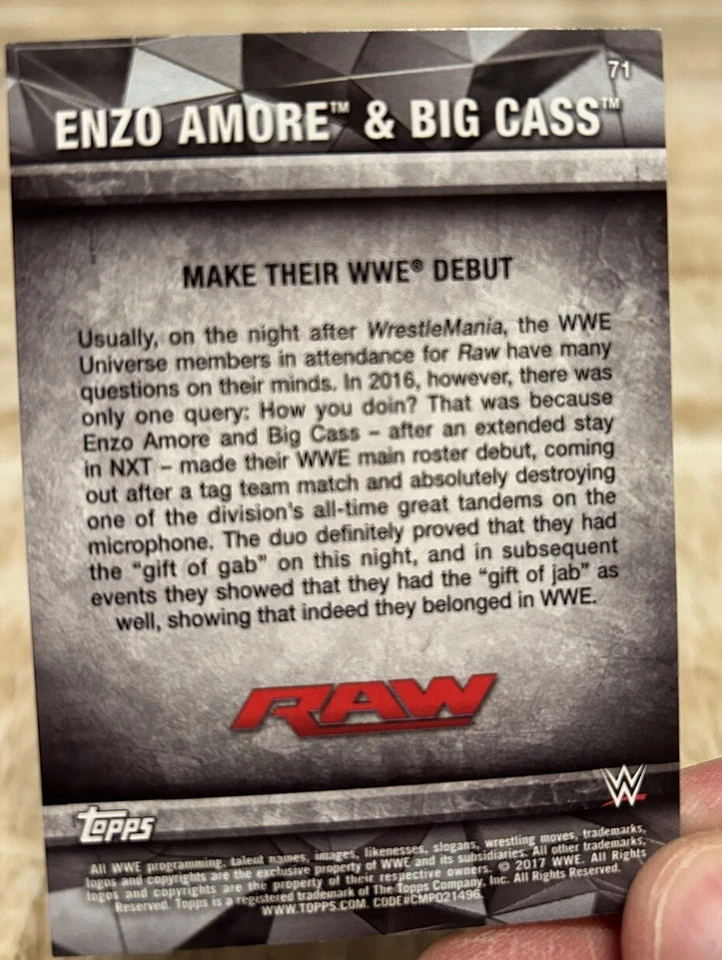 2017 Topps WWE Superstar ENZO AMORE Signed Wrestling Trading Debut Card #71 - Image 3 of 3