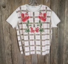 Zara M Top Women's White Plaid Floral Textured Knit Boxy Indie Artsy Grunge