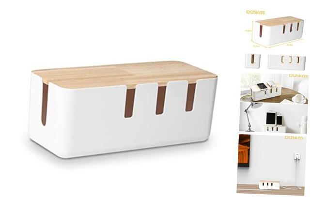 Cable Management Box by , 12x5x4.5 inches, Wood Lid, Cord Organizer for Desk
