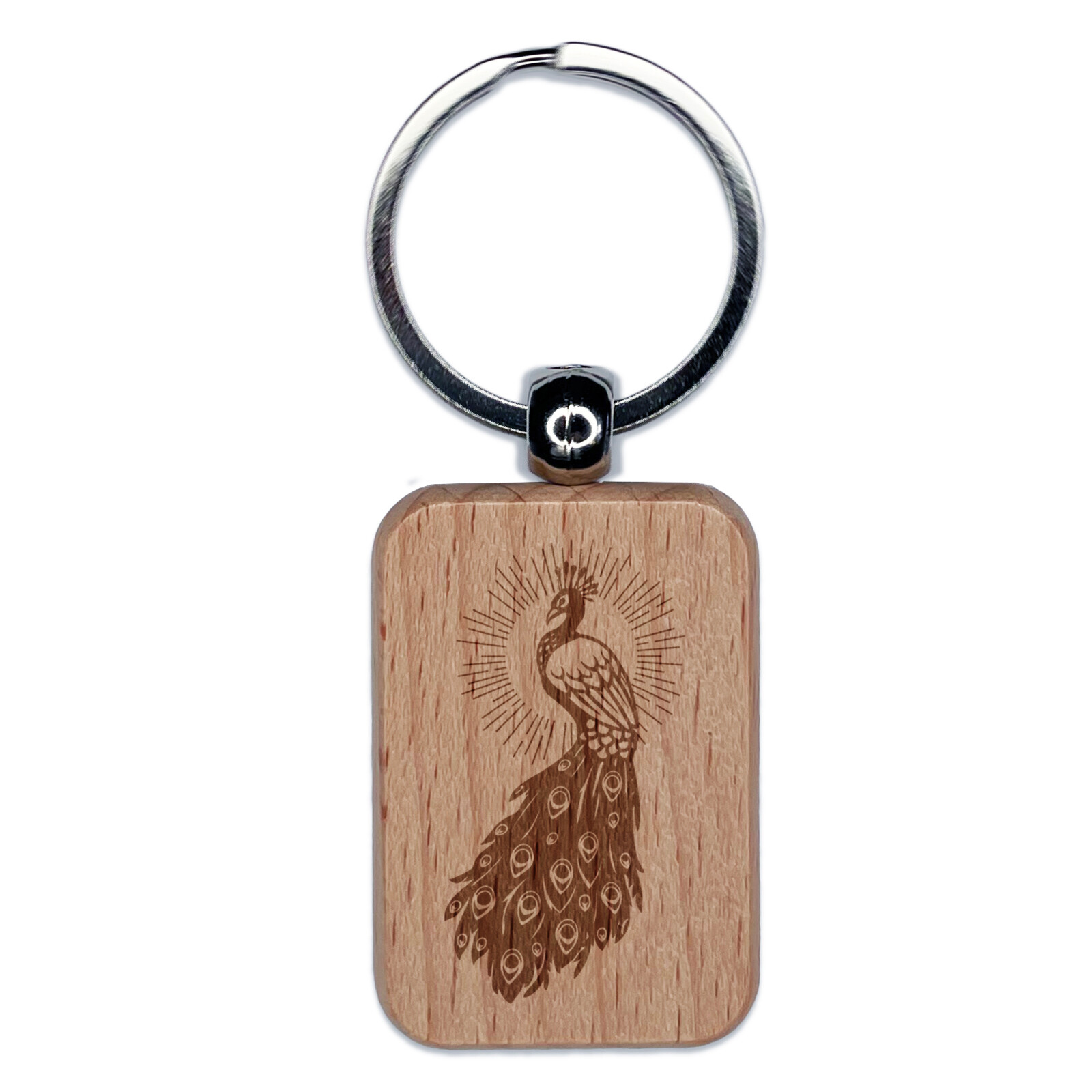 Radiant Peacock Engraved Wood Rectangle Keychain Charm Elegant Bird Design