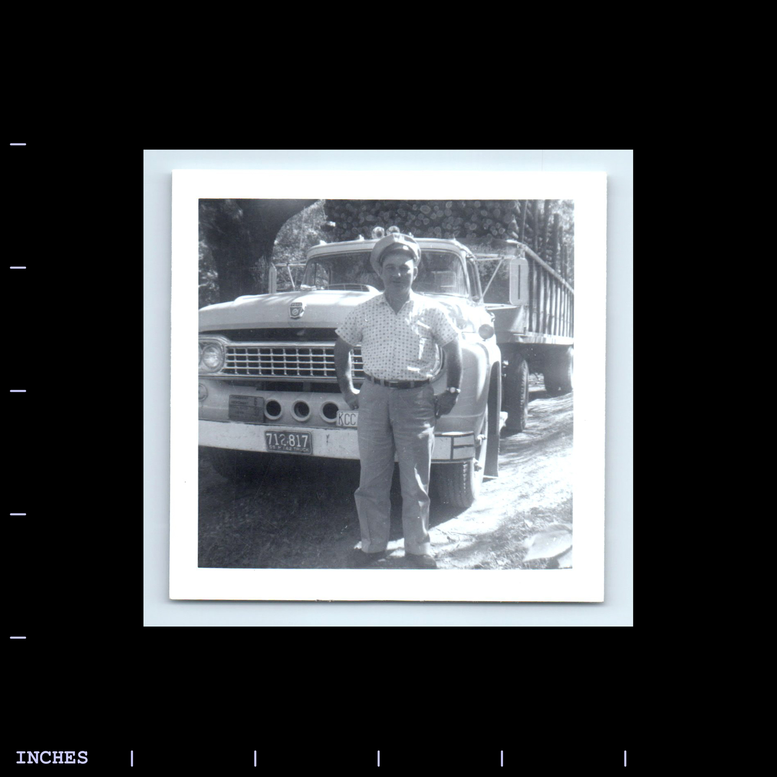 Vintage Square Photo MAN BY FORD LOGGING TRUCK