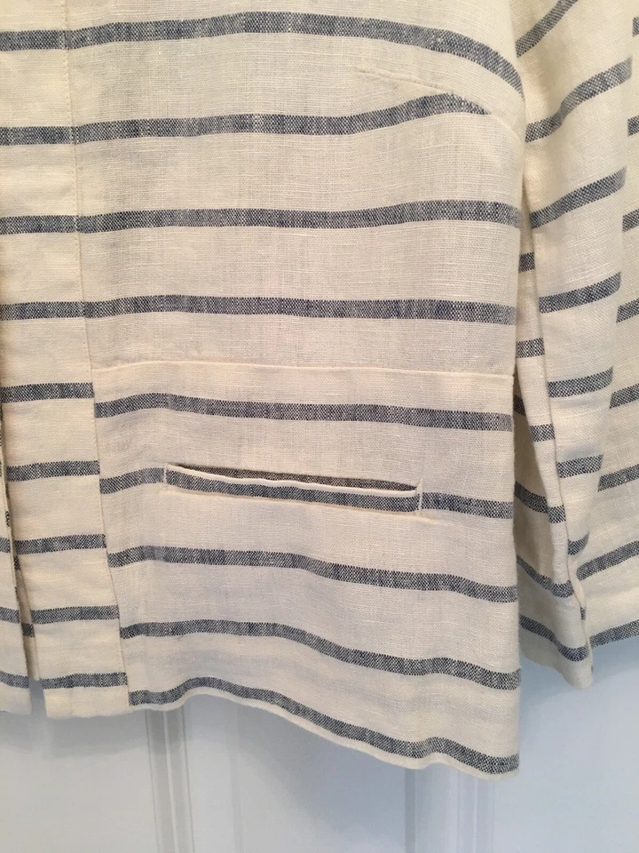 Chaqueta Blazer Recortada Merona Para Mujer Azul Marfil Rayas 100% Lino Talla S Nueva Sin Etiquetas Foto 4 de 4