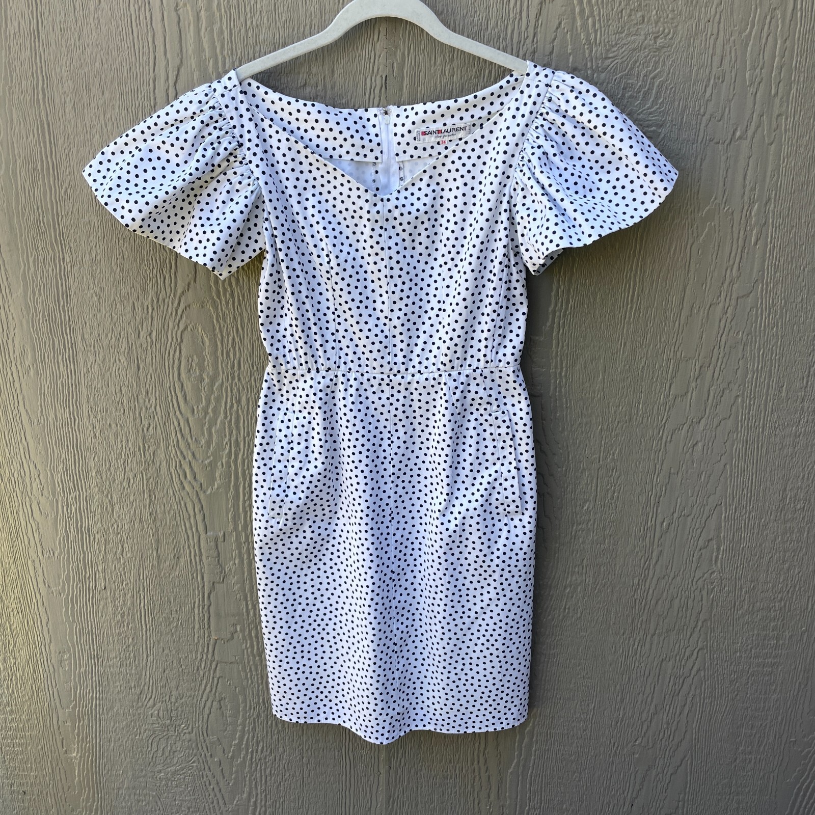 Abito tubino Saint Laurent Rive Gauche FR 34 a pois bianco nero tasche