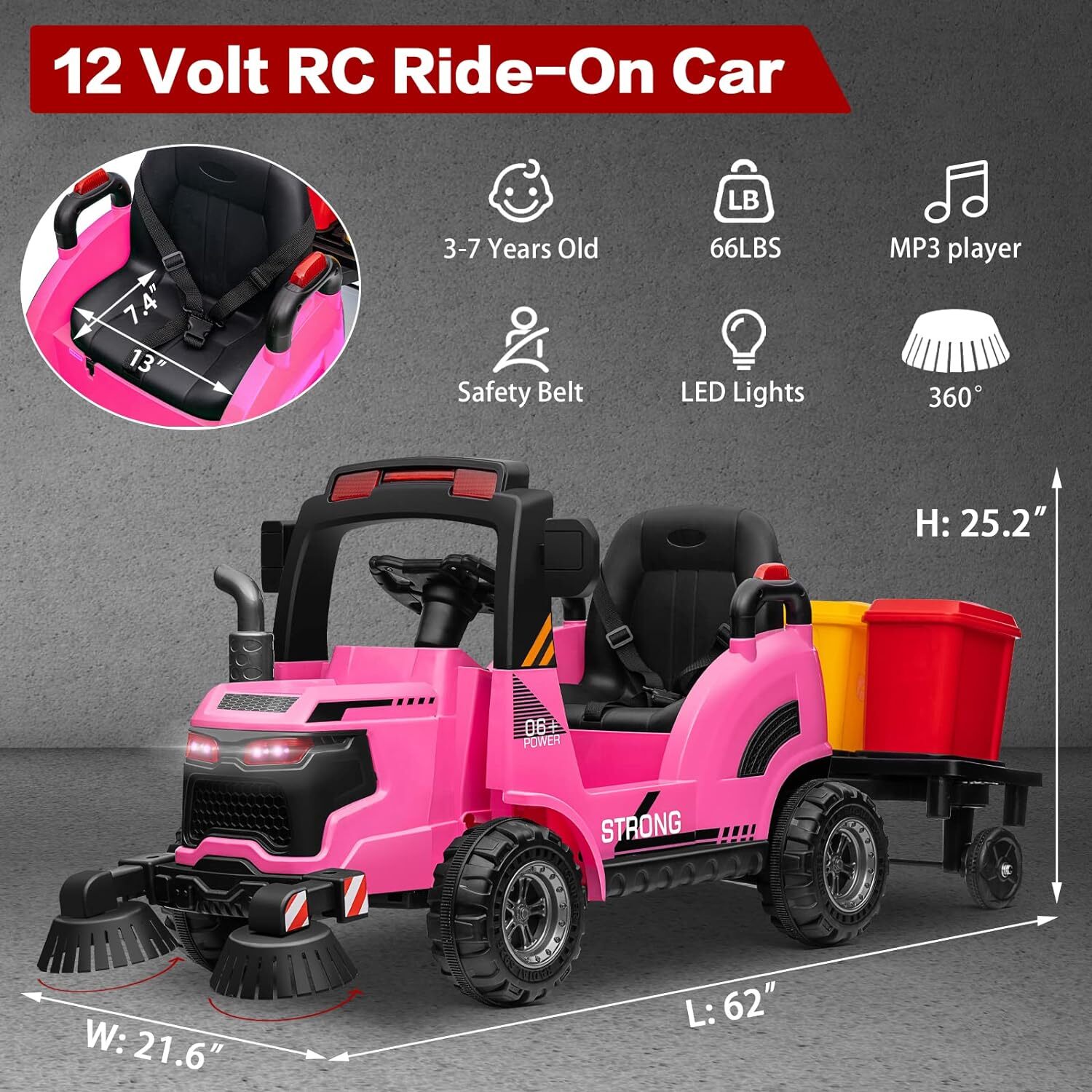 ZEOPHOL 12V Kids Ride On Toy Sweeper Truck Construction Car Trailer&Rubbish Bin