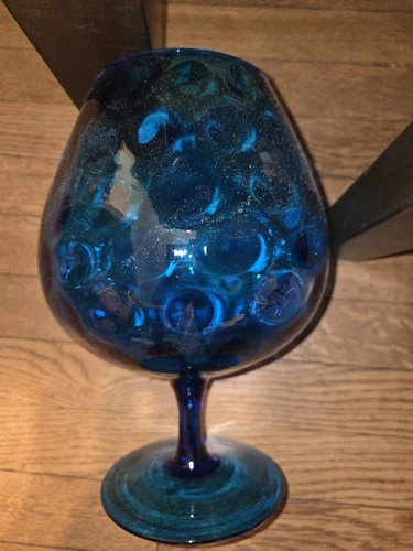 Vintage Empoli Murano Blue Italian Glass Fishbowl Pedestal Vase