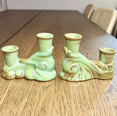 Vintage Mint Green Frankoma Pottery Redware Candlestick Holders Pair MCM 304 USA