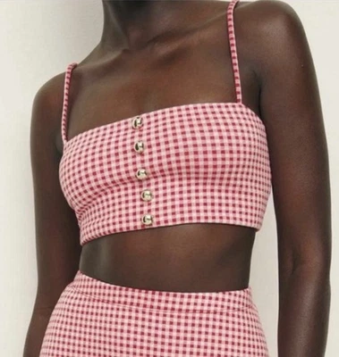 Reformation Red Check Gingham Crop Top Gold Buttons Spaghetti Strap Medium Ac16