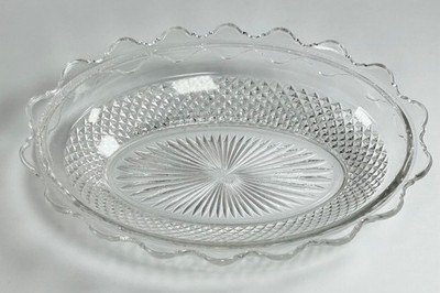 Vintage Clear Glass Celery Dish Oval Shape Scallop Edge Starburst Serving Dish