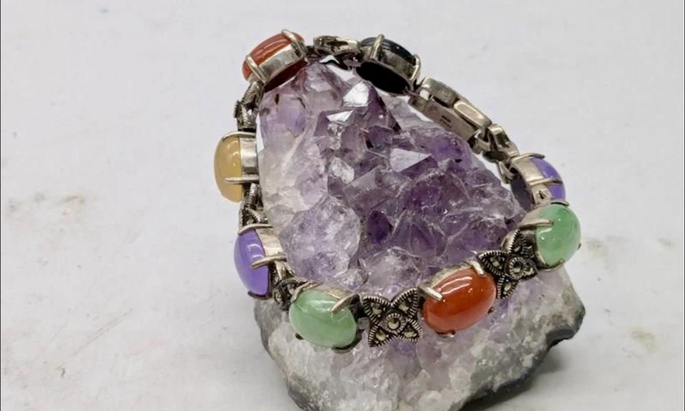 925 “GSJ” MARCASITE MULTI GEMSTONE & W/JADEITE BRACELET 7.75” Lot#53 - Изображение 2 из 4