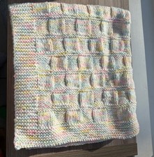 Hand Knit Pastel Baby Blanket Pink White Yellow Green 27x 30
