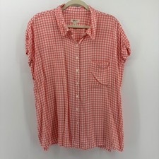 Style & Co Womens Gingham Button Down Shirt Coral White 2X Short Sleeve