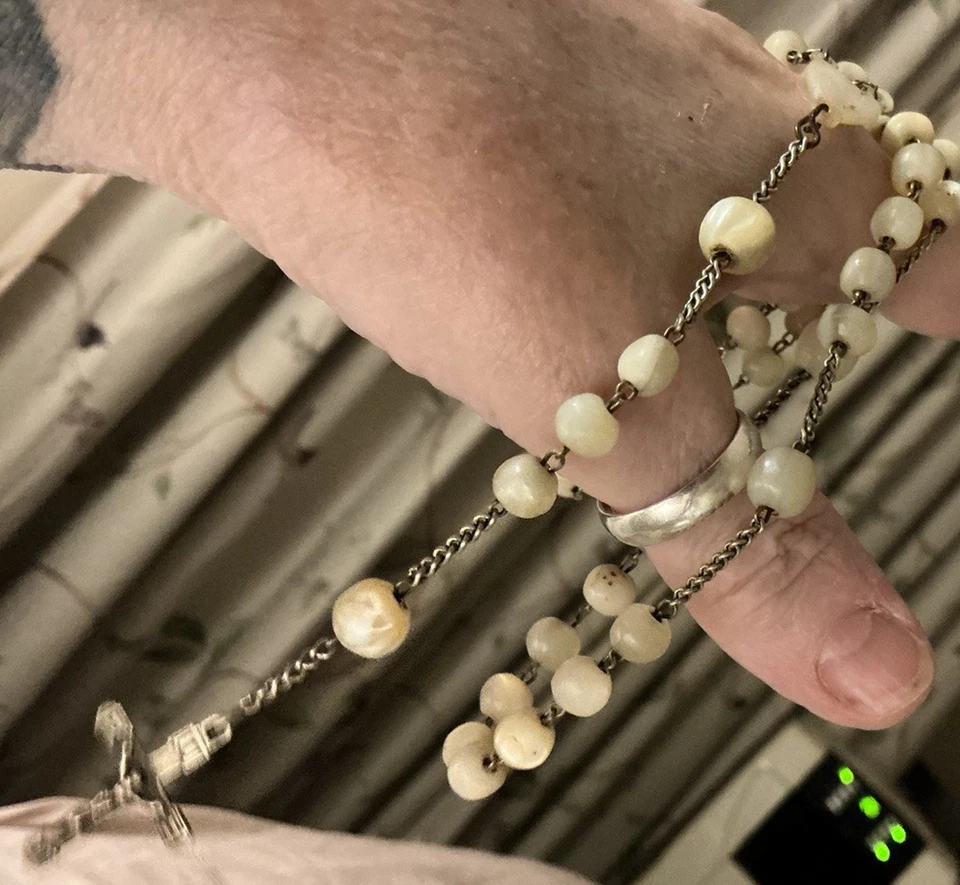 Vintage Catholic Rosary Silver Mother of Pearl Beads - image 2 of 4