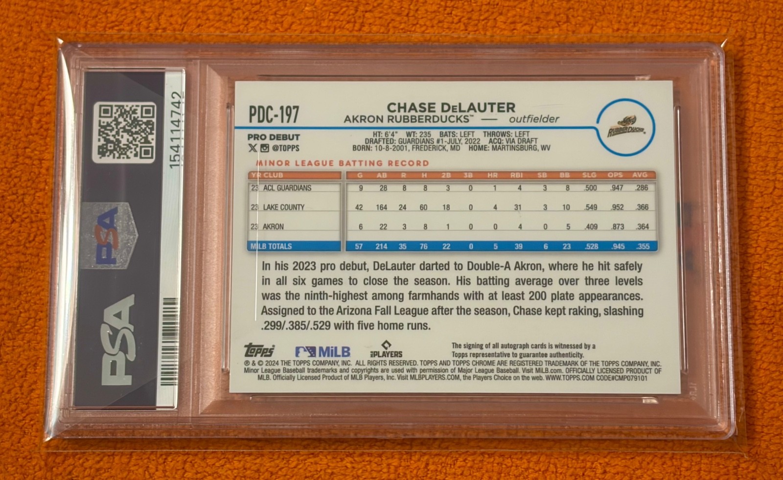 2024 TOPPS DEBUT CHASE DELAUTER CHROME REFRACTOR AUTO 28/99 Guardians PSA 9 MINT view 3