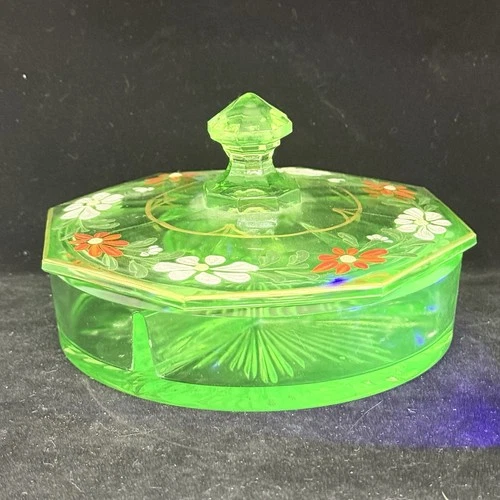 uranium glass covered candy dish green
