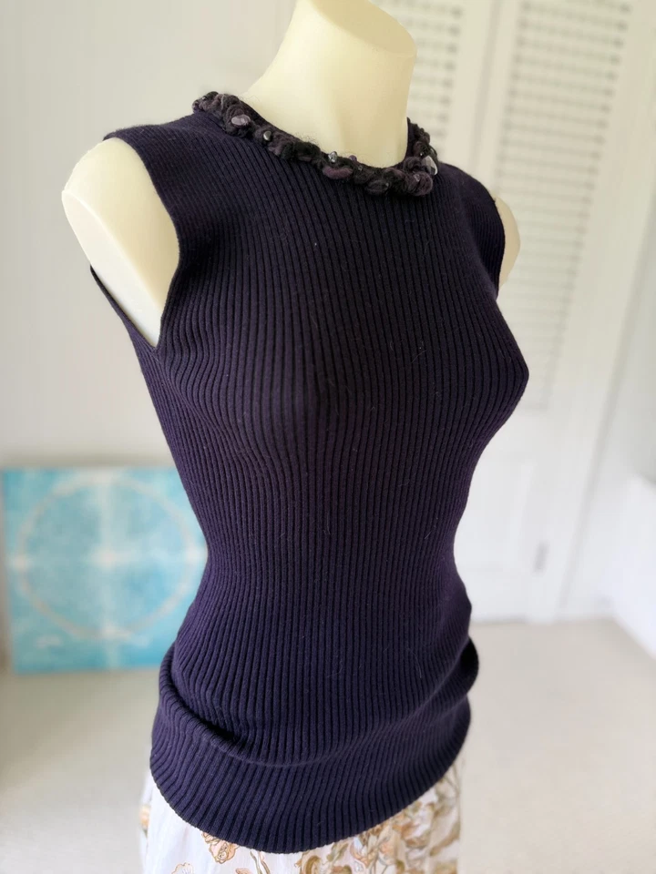 Chanel Mujer Sin Mangas Cachemira Seda Acanalado Tejido Top Aplique Cuello 2012 Exelen Foto 4 de 4