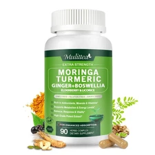Moringa Capsules Organic 1000mg, 7-in-1 Superfood with Turmeric, Ginger, Elderbe