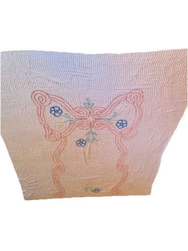 Vintage Chenille Tagesdecke 101” x 84” Schleife Schmetterling? Musselin rosa blau grün beige - Bild 1 von 20