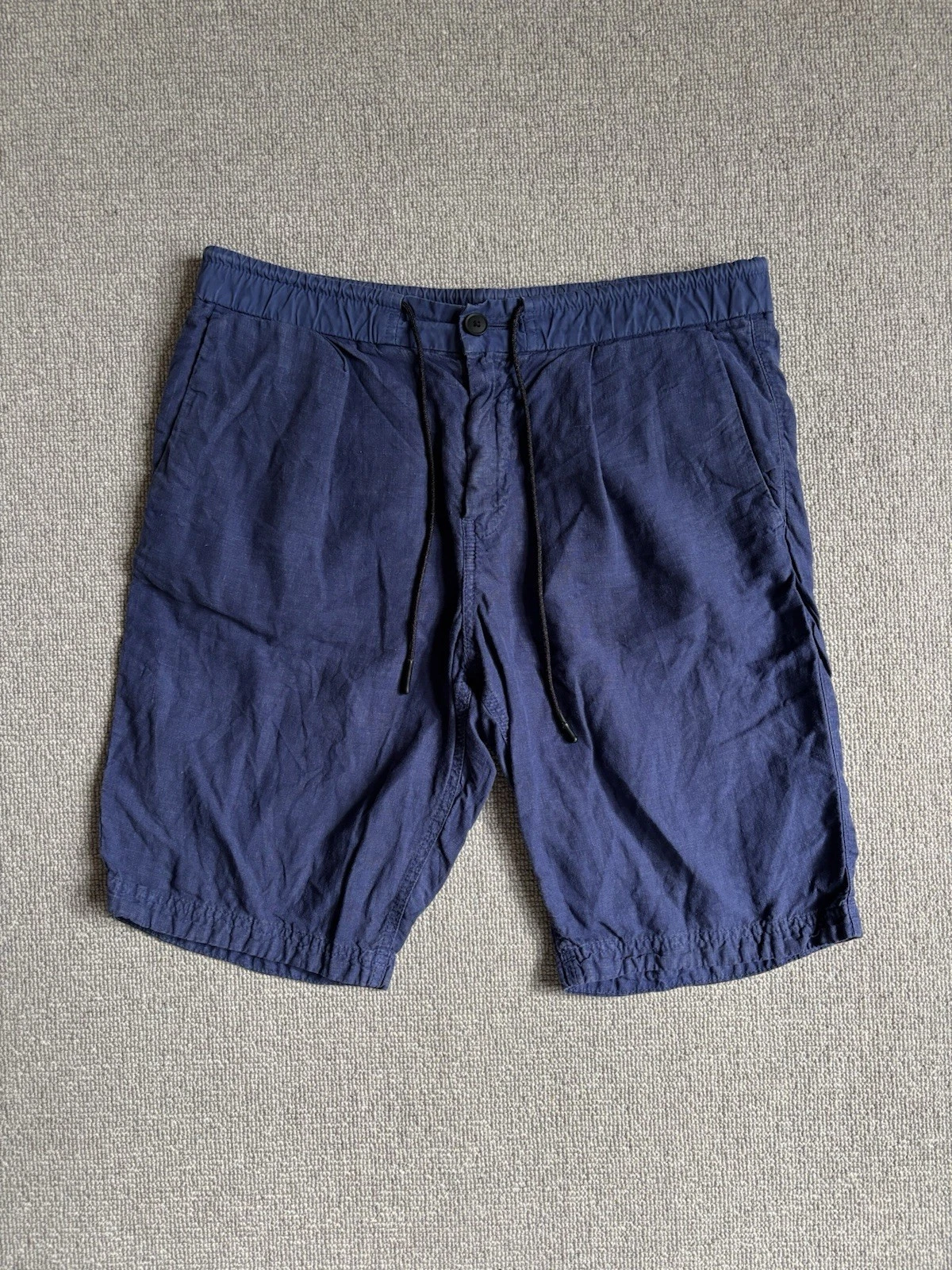 Hugo Boss 100% Linen Chino Shorts Drawstring Waist Navy Blue Size 32