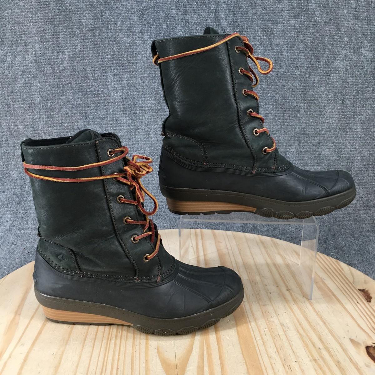 Sperry Saltwater Reeve Wedge Duck Boots Womens 7.5 M Leather Black STS80766