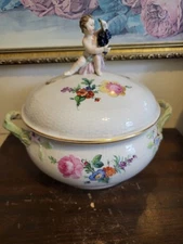 Antique KPM Berlin Porcelain Tureen Covered Bowl Cherub Finial Flowers Gold