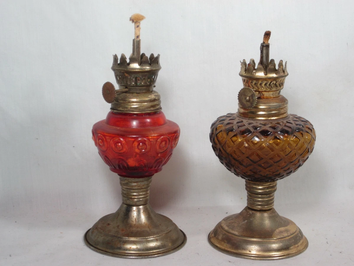 2 vintage fuel oil lamp burner glass wick burning light lights