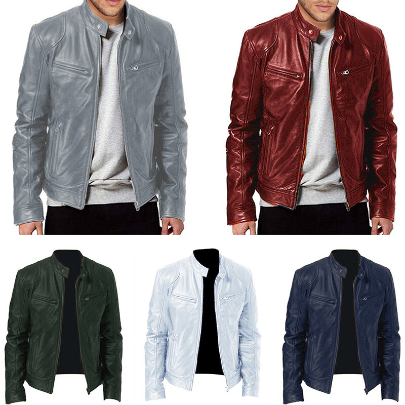 Mens Retro Leather Jacket Motorcycle Stand Collar Biker Coat Zip