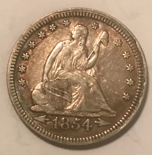 1854. Seated Liberty quarter  , XF + near AU,  Scarce