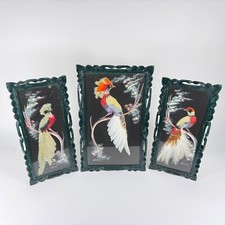Vintage Mexican Feathercraft Feather Bird Art Pictures (3) in Carved Wood Frames