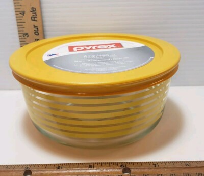 Pyrex Striped Lines Glass Storage  Container Bowl Yellow Lane 4 Cup 1 Qt NOS Lid