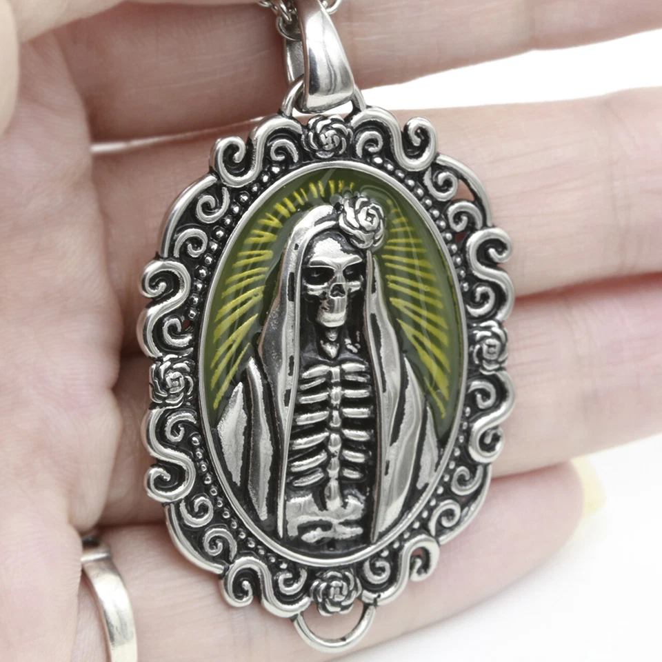 Camafeo Colgante Collar Esqueleto Calavera Rosa Collar con Epoxi Amarillo Foto 2 de 4