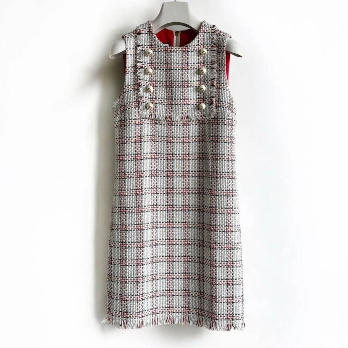 GUCCI abito smanicato tweed GG perla bottoni ad incastro check filato lame