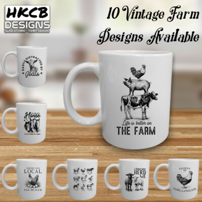 Vintage Bauernhofbecher, Pferd, Kuh, Schwein, Huhn, Geflügel, lustige Farm, Wortspiel, Kaffee, Tee,