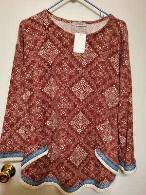 NWT Ces Femme Long Sleeve Pullover Polyester Print Top Fringes - Sz. Med