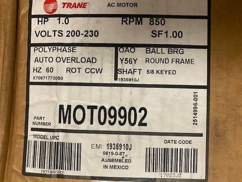 TRANE 3 Phase Motor, 1 HP, 200-230V, 850 RPM, MOT09902 (NEW)
