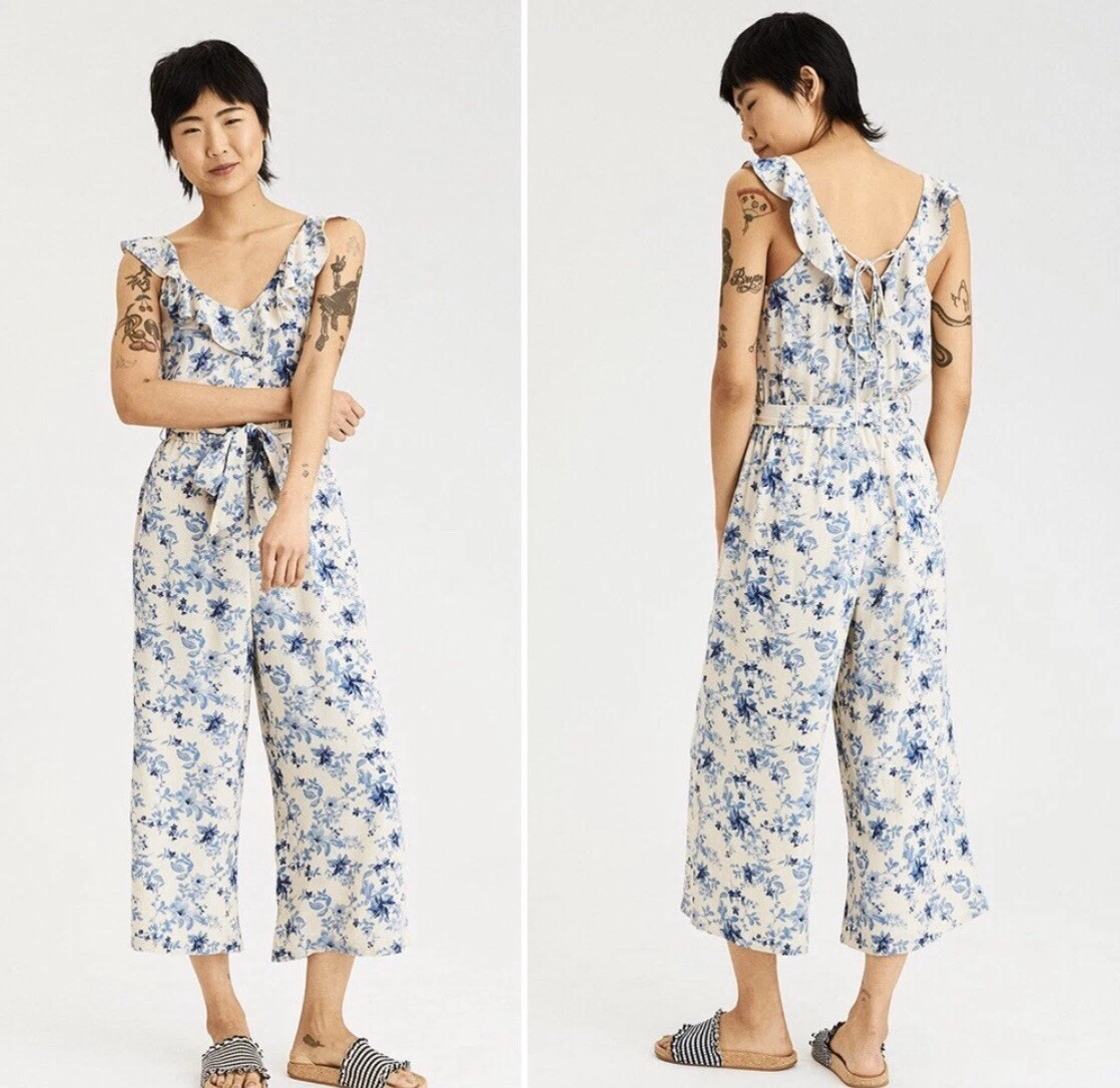 American Eagle Blue Floral Sleeveless Ruffle Culotte Jumpsuit Waist Tie Size L
