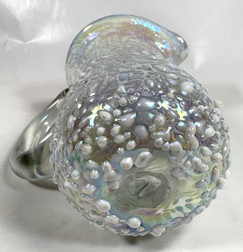 Art Glass Clear Pitcher Creamer Appliqué White Iredescent Hand Blown Small - Picture 8 of 10