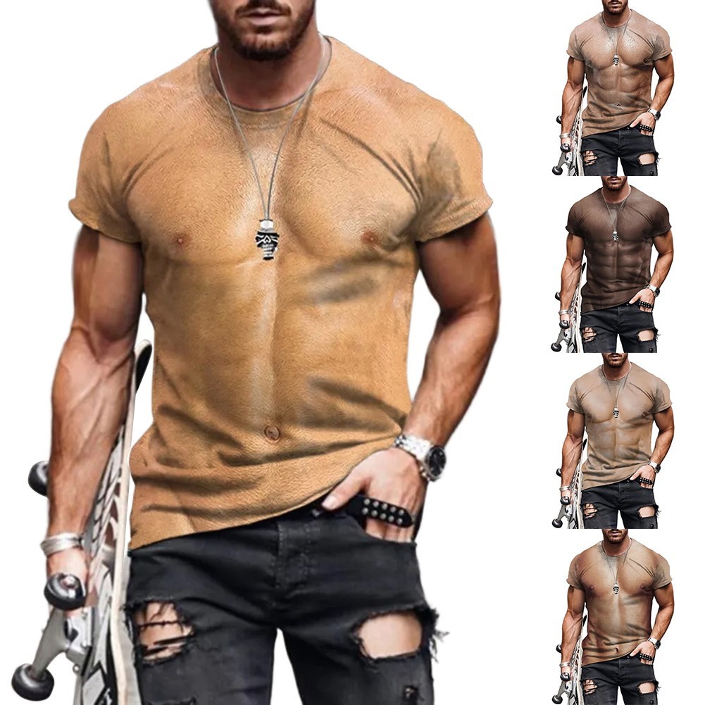 Men Short Sleeve Casual TShirt Fake Muscle Print Fashion Tops for Occasion
