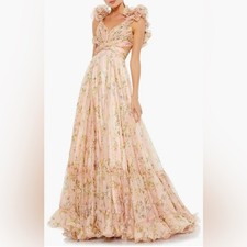 Mac Duggal Floral Chiffon Cutout Ruffle Shoulder Ball Gown Maxi Dress sz 8 $598