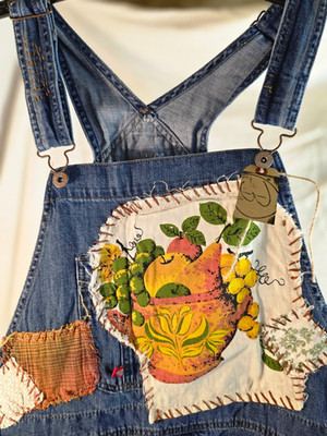 Upcycled Ooak Patched And Embroidered Womens Dickie Denim Bibs 45×30 Vintage Boh