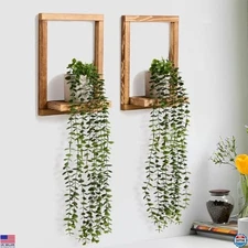 Chic 2-Pack Wooden Wall Shelves with Lifelike Plants - Modern Farmhouse Decor