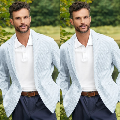 Sky Blue Seersucker Men's Suits Evening Party Tuxedos Casual Summer Men Blazers