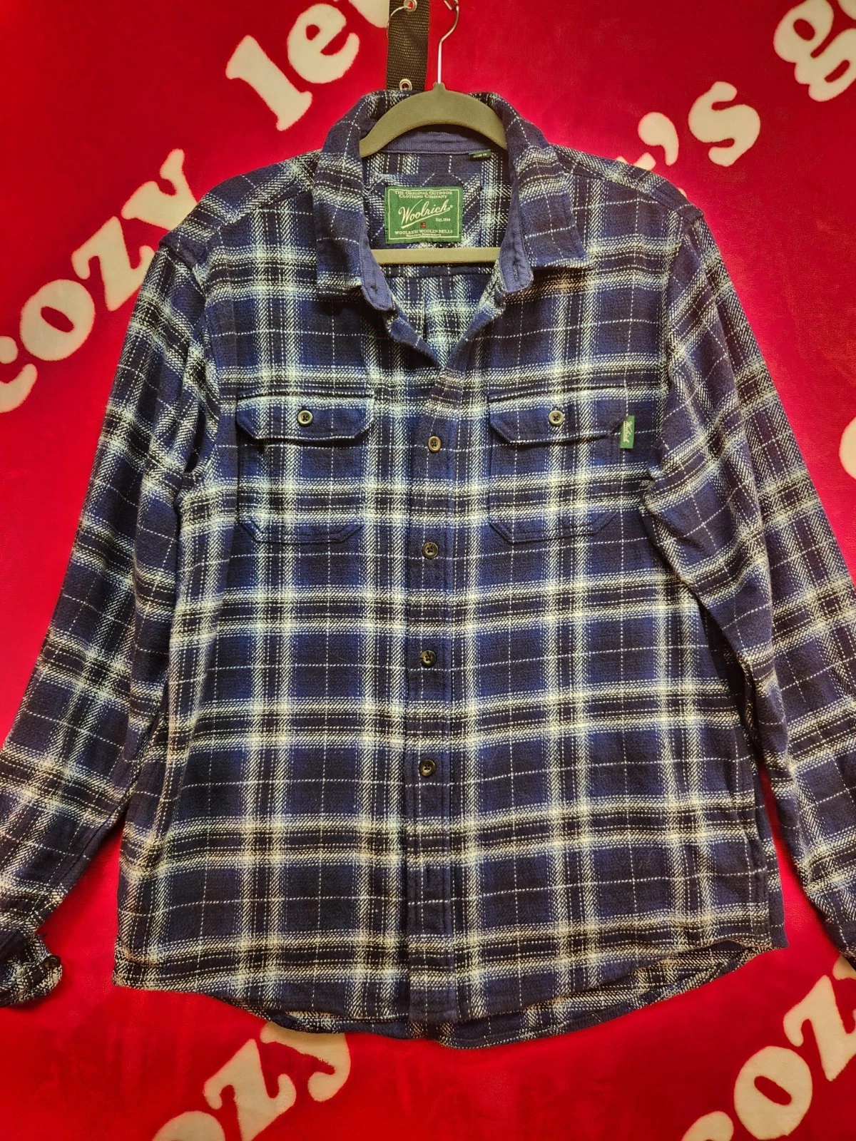 Woolrich Mens Large Blue Plaid Flannel Shirt Outdoor Button Front