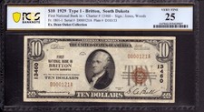 1929 $10 PRIMA BANCONOTA NAZIONALE MONETA BRITTON SOUTH DAKOTA PCGS B VF 25