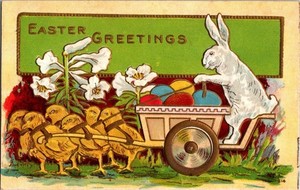 Vintage 1909 Easter Postcard Bunny with Chicks Pulling Cart of Eggs